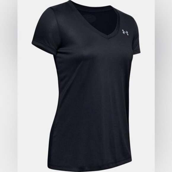 Women’s Under Armour UA L UA Tech Semi Fitted Black V Neck 10 12 Large - Picture 14 of 15